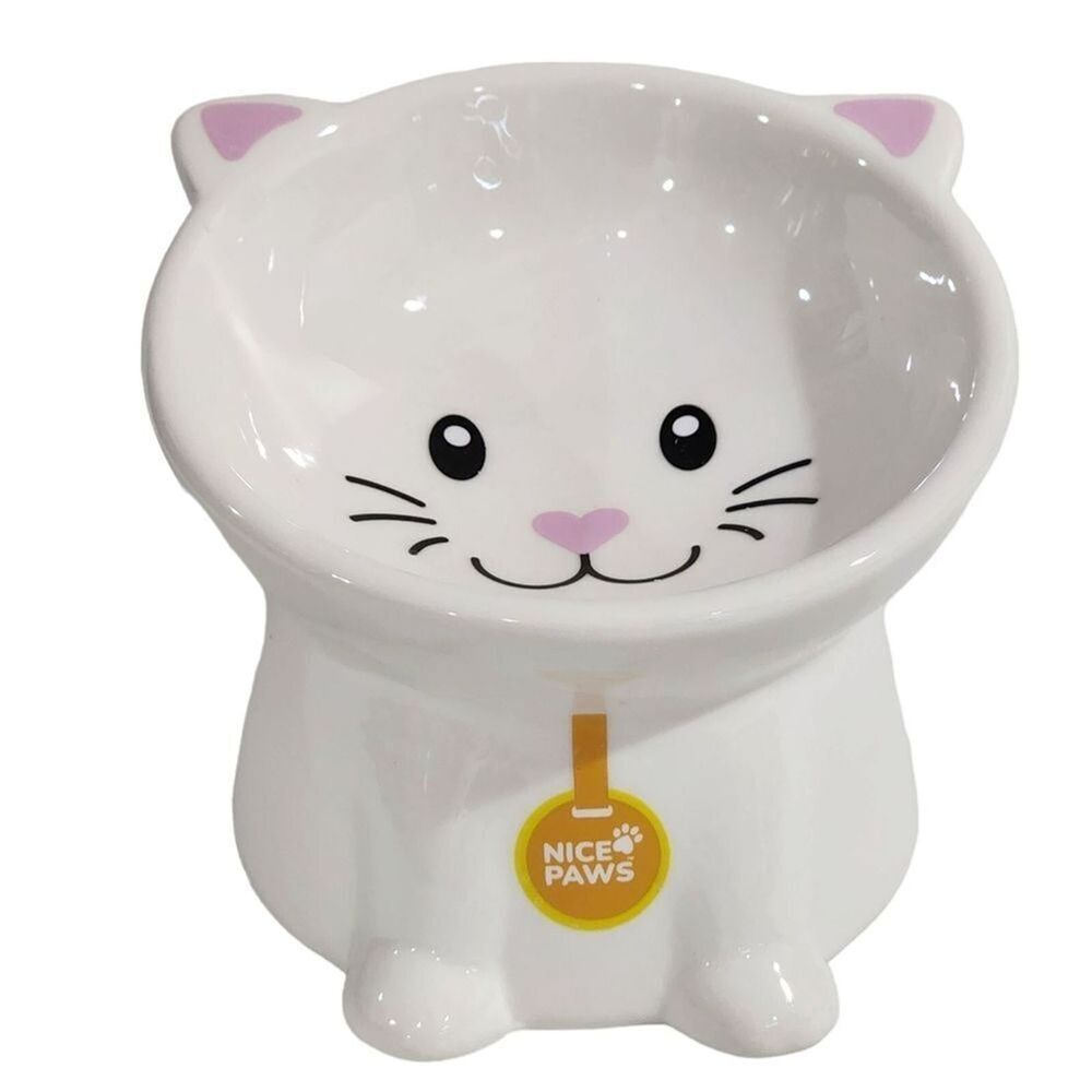 Nice Paws Ceramic Tilted And Elevated Kitty Cat Food‎ Bowl White 4"Hx5"W